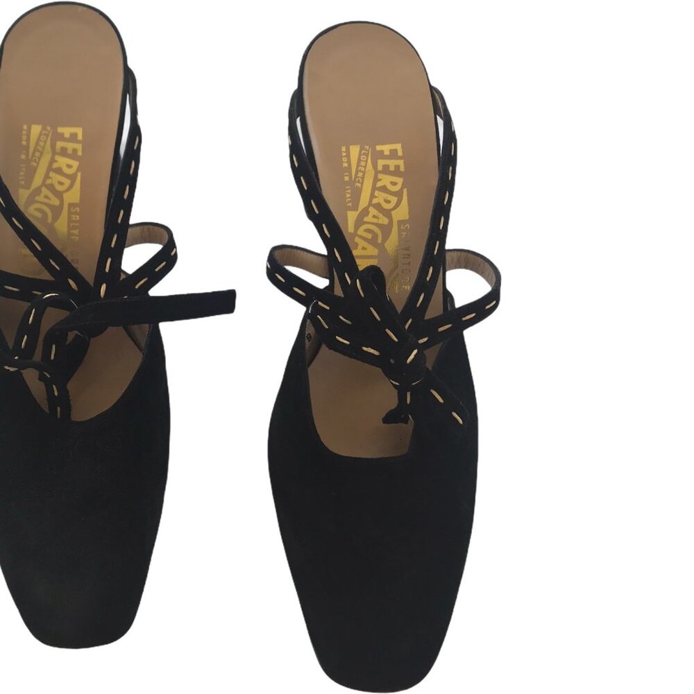 Salvatore Ferragamo  Vintage Black Suede Mules  With  Bow detail Size 6